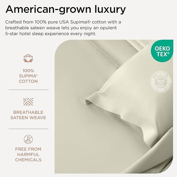 Threadmill Pillow Cases Standard Size | 1200 Thread Count 100% Supima Cotton Pillow Covers, Luxury Smooth Solid Sateen | Ivory