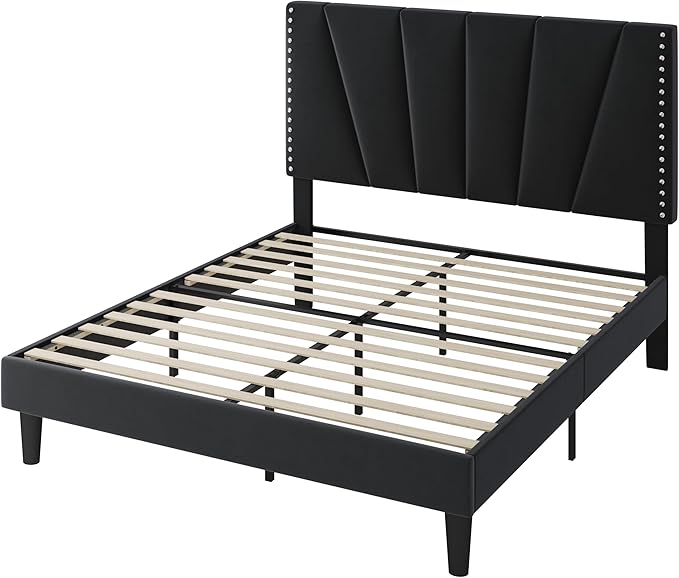 SHA CERLIN Queen Size Bed Frame with Adjustable Upholstered Velvet Rivets Headboard, Sturdy Wooden Slats, Strong Platform Support for Mattress, No Box Spring Needed, Easy Assembly, Black