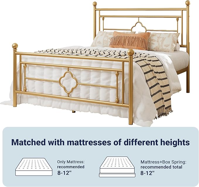 Allewie Queen Size Metal Platform Bed Frame with Victorian Vintage Headboard and Footboard/Mattress Foundation/Under Bed Storage/No Box Spring Needed/Noise-Free/Easy Assembly, Gold