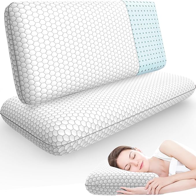 CushyOasis Memory Foam Pillows for Side, Back and Stomach Sleepers, Set of 2, Bed Pillow with Washable Cover and Breathable Mesh, Bed Pillow for Sleeping (Light Grey，King Size)