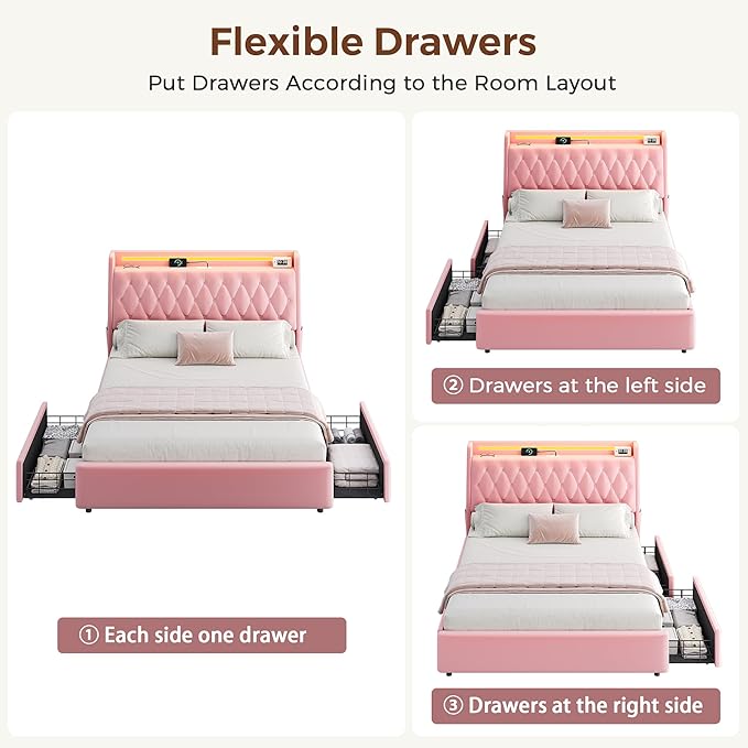 Queen LED Velvet Bed Frame with 2 Storage Drawers&Hidden Headboard, Upholstered Platform Bed with Charging Station&Button Tufted Design, Wooden Slats Support, Box Spring Optional, Easy Assembly, Pink
