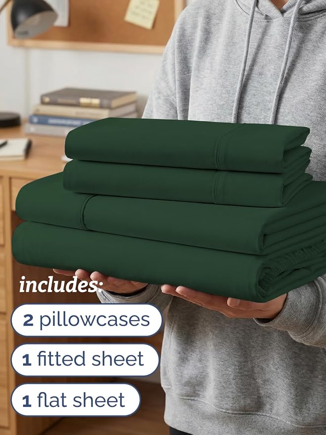 Twin XL 4 Piece Sheet Set - Comfy, Breathable & Cooling - Hotel Luxury Bedding for Women, Men, Kids, Teens & Children - 1 Flat & 1 Fitted Sheet & 2 Pillowcases w/ Deep Pockets - Wrinkle Free - Emerald