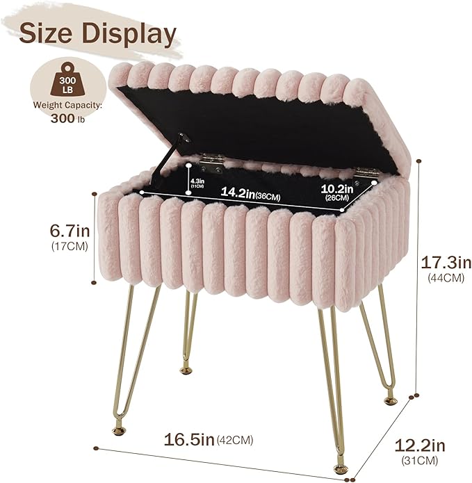 EBENCHICO Vanity Stool Chair with Storage, Faux Fur Stools for Vanity Makeup, Foot Stool Ottoman with 4 Metal Legs, Small Vanity Bench Seat Chairs for Living Room Bedroom