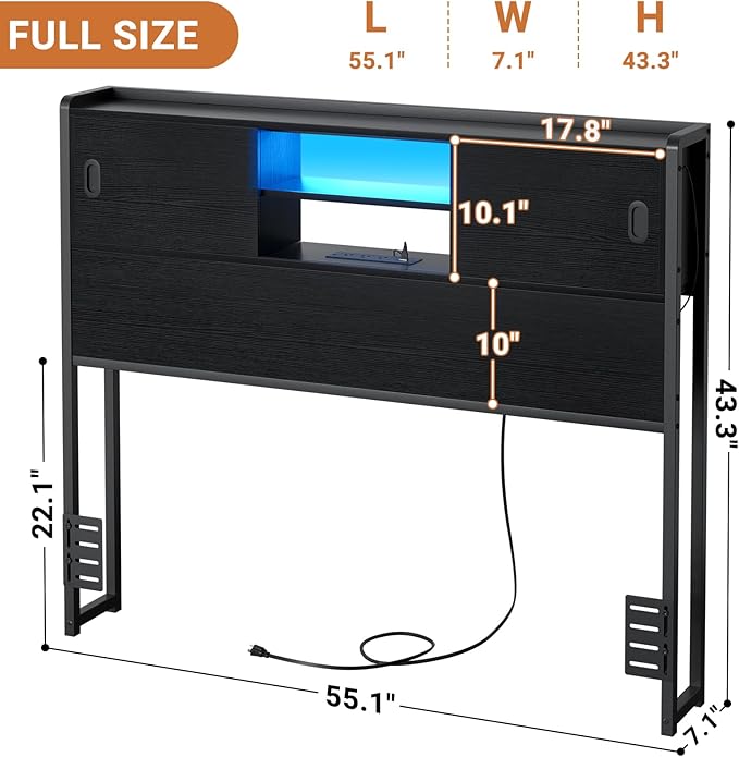 Homieasy Full Storage Headboard with Sliding Doors, Bookcase Headboard with Charging Station & Smart LED Light, Headboard Only for Full Bed, Wood Headboards with Bookshelf