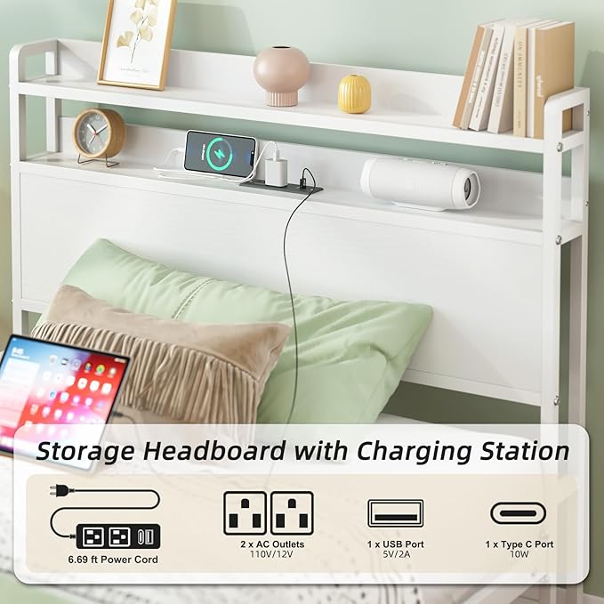 Elephance Twin Bed Frames with Charging Station and Storage Headboard, No Box Spring Needed, Noise Free, Easy Assembly