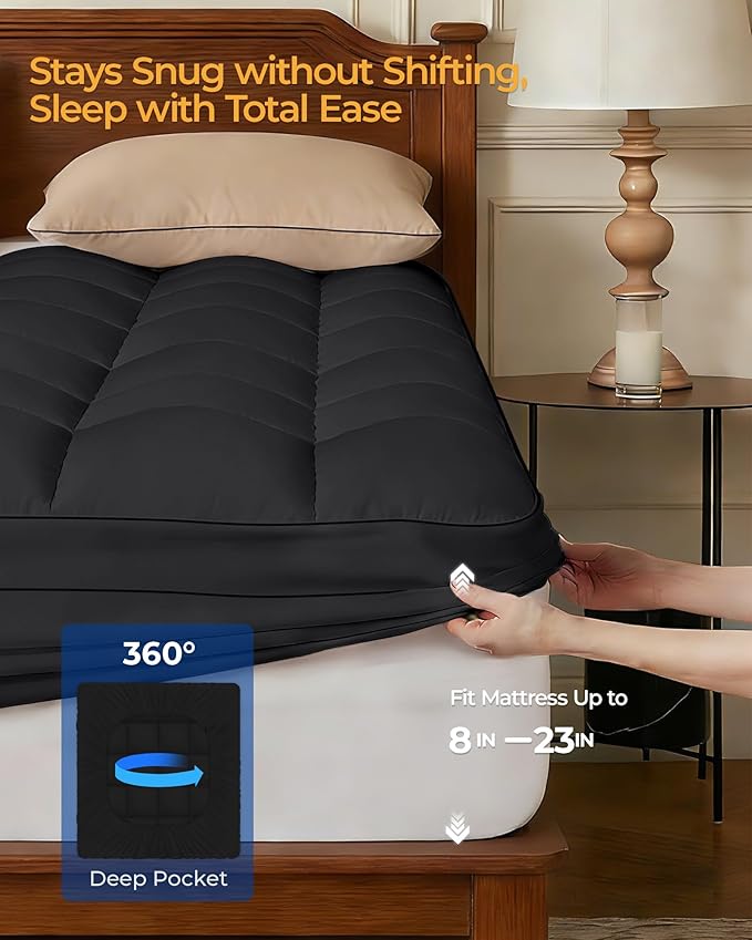 KAYFIA Full Mattress Topper, Extra Thick Mattress Pad Cover for Deep Sleep,3D+7D Snow Down Alternative Fill Overfilled Plush Pillow Top with 8-23 Inch Deep Pocket-Black