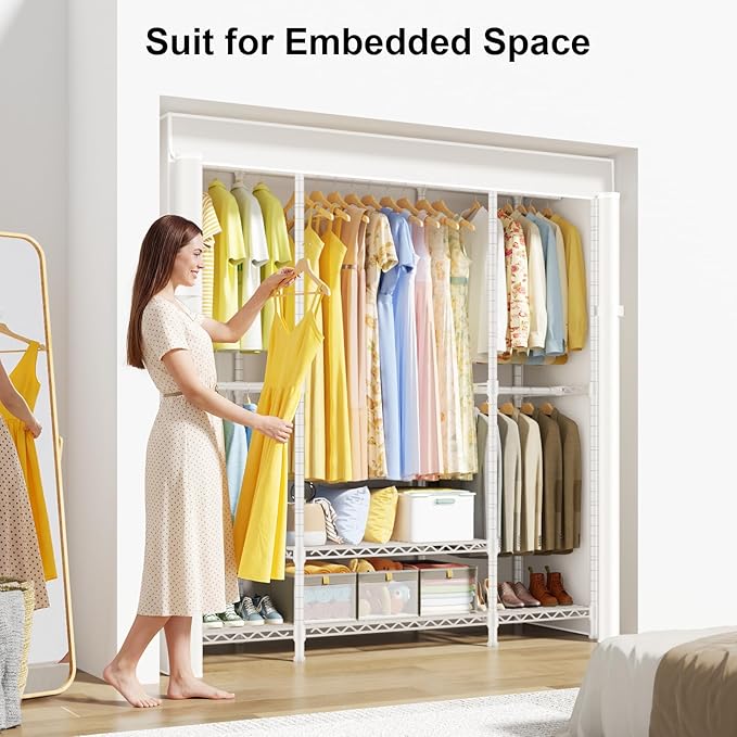 ULIFHOME E3C White Clothes Rack with Beige Cover, Heavy Duty Freestanding Garment Rack, Metal Closet System Storage Organizer for Clothing, Holds up to 850 lbs, 59.5" W x 16.5" D x 77.4" H