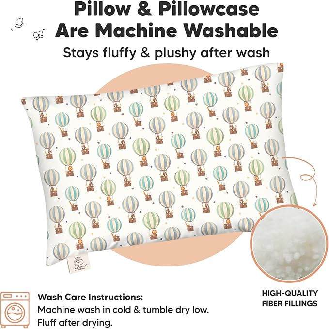 Toddler Pillow with Pillowcase - 13x18 My Little Dreamy Kids Travel Bed Pillows for Sleeping, Organic Cotton Small Pillowcase, Soft & Breathable, Machine Washable, Toddlers 2-5 (Hot Air Balloon)