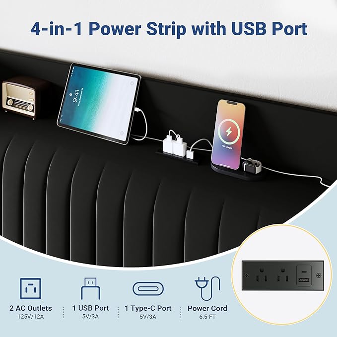 Allewie Queen Size Platform Bed Frame with USB Charging Station and Storage Shelf/Upholstered Velvet Wingback Headboard/Wooden Slats Support/No Box Spring Needed/Easy Assembly, Black