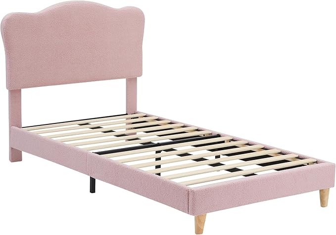 GarveeHome Upholstered Twin Size Bed Frame for Kids with Scallop Headboard, Cute Velvet Twin Bed for Girls, Boys, Sturdy Platform Bed, No Box Spring Needed, Wooden Slats, Noise Free, Pink