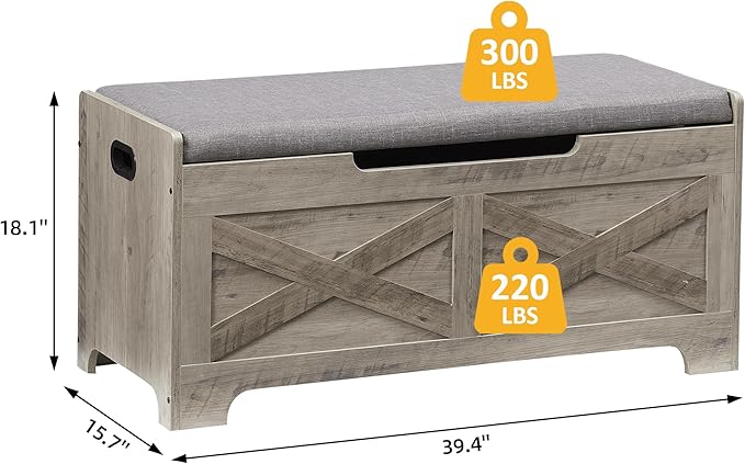 IDEALHOUSE Storage Bench, 39.4" Retro Wooden Storage Chest with 2 Safety Hinges, Loads 300 lb, Easy Assembly, Storage Ottoman Bench for Bedroom Entryway Living Room, Grey
