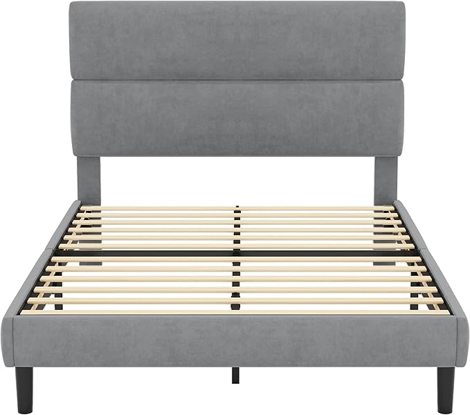 GRUSIGN Full Size Platform Bed Frame with Velvet Headboard, Adjustable Height Wooden Slats Support, Upholstered Mattress Foundation, Fits Mattress or Mattress with Box Spring, Easy Assembly, Grey