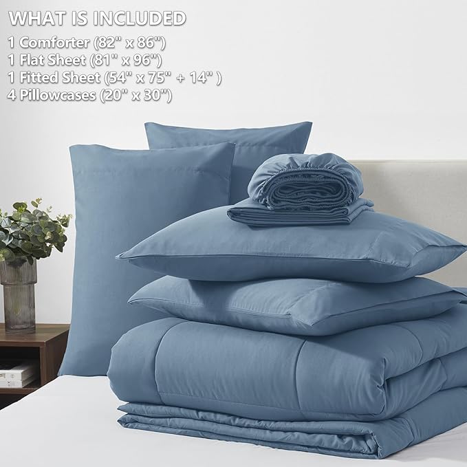 CozyLux Full Size Comforter Sets Dusty Blue, 7 Pieces Bed in a Bag, Grayish Blue Comforter Full Size, All Season Bedding Sets with Stitch Quilted Comforter, Flat Sheet, Fitted Sheet, Pillowcases
