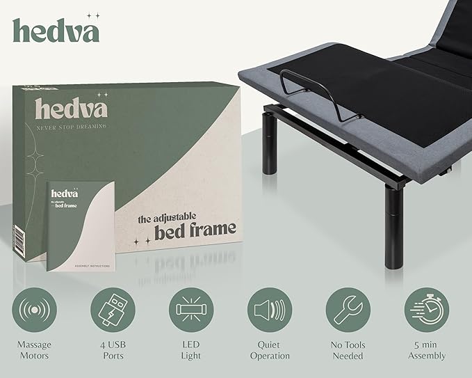 Hedva Adjustable Bed Frame with Massage Motors, 4 USB Ports, LED Light, 5-Minute Assembly, Multiple Preset Positions for Ultimate Comfort, Wireless Remote Control Adjustable Bed (Black, Queen)