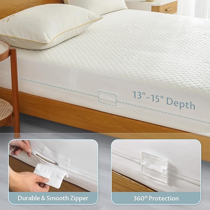 King Size Mattress Protector with Zipper - 100% Waterproof Zippered Mattress Cover - Soft & Cooling Noiseless Bed Mattress Covers - Top Removable Mattress Encasement 13-15" Deep
