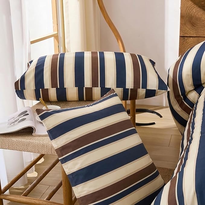 Merryword 100% Cotton Pillow Cases, Standard Size Pillowcases, Blue Striped Pillowcases, Luxury Linen Like Pillowcase, Soft Breathable Cabana Stripes Pillow Covers, Set of 2