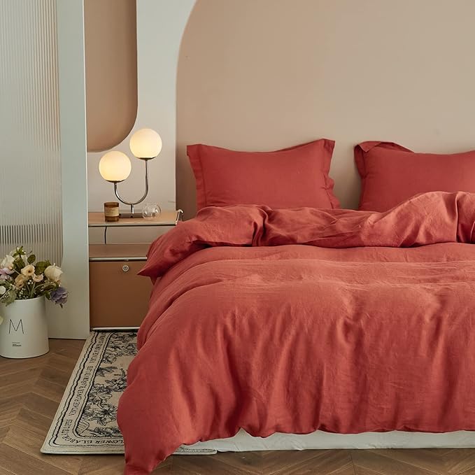Simple&Opulence 100% Linen Duvet Cover Set 3pcs Basic Style Natural French Washed Flax Solid Color Soft Breathable Farmhouse Bedding with Button Closure - Brick Red, Queen