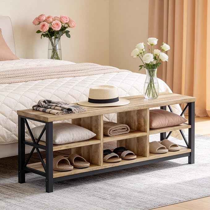 FATORRI Shoe Bench Entryway with Storage, Industrial Wood and Metal Hallway Benches with Adjustable Shelves, Rustic Entry Way Bench for Living Room (47.24 Inch Long, Rustic Oak)