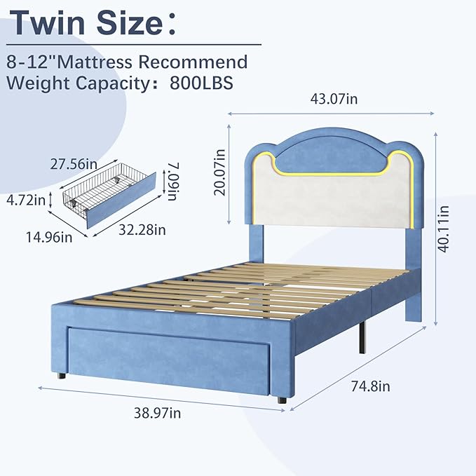 Garvee Twin Size Upholstered Bed Frame with LED Lights & Storage Drawers, Fabric Headboard & Wood Slats, No Box Spring Needed, Princess Bed for Girls (Blue White)
