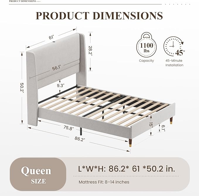 MALOL Queen Size Bed Frame with Upholstered Headboard, Linen Fabric Platform Bed Frame with USB Charging Ports, No Box Spring Needed, Sturdy Metal Support, Noise Free, Modern Bedroom Furniture,Grey