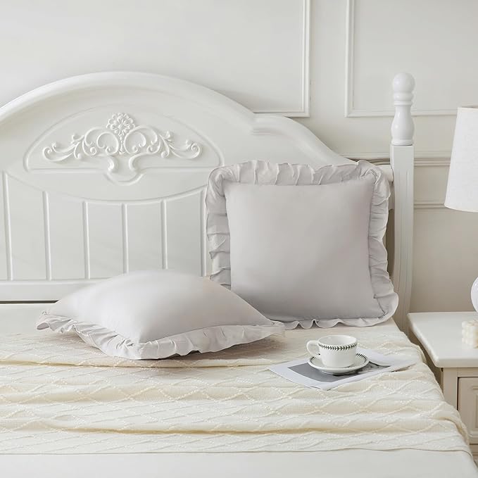 Merryword Beige Gray Pillowcases 18x18 Throw Pillow Covers Pack of 2 Soft Microfiber Ruffle Decorative Pillowcase Cushion for Couch Sofa Bedroom