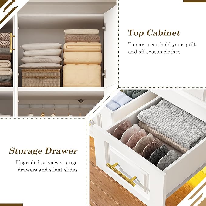 Hlivelood Large Armoire Wardrobe Closet Cabinet with Drawers and LED Lights, Multi-Tier Shelves, Hanging Rod, Large Capacity Storage 3 Door Wardrobe Armoire with Top Cabinet for Bedroom, White