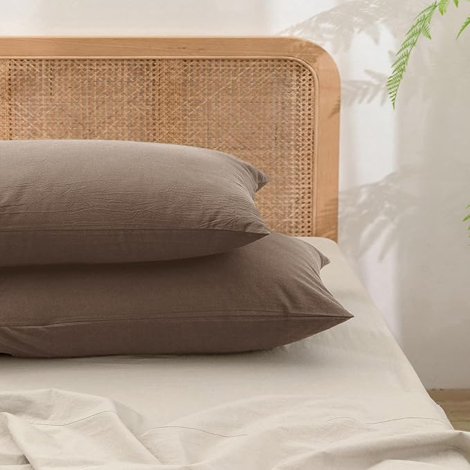 BESTOUCH 100% Washed Cotton Pillowcase for Hair and Skin Linen Feel Soft Comfortable Breathable 2 Set Pillow Case with Envelope Closure Solid Pine Bark Brown Queen 20x30 Inches