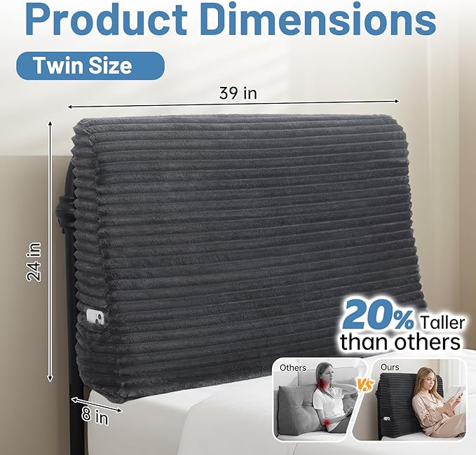 ENITYA Headboard Pillow Twin, 39"x24"x8" Dorm Headboard for Sitting up,Reading & Studying, Ergonomic Triangle Backrest with Removable Cover for Daybed, Grey