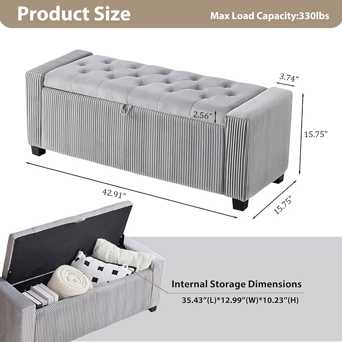 Storage Ottoman Bench, Bench for Bedroom End of Bed, Ottoman with Storage for Living Room and Entryway (Velvet Light Grey)
