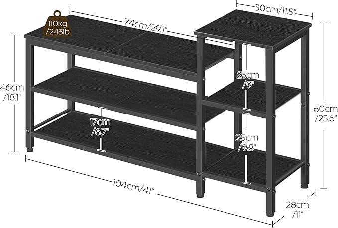 YATINEY 3-Tier Shoe Rack Bench, Wooden Shoe Storage Bench, Industrial Entryway Bench with Storage, Multi-Functional Shoe Rack with Seat for Bedroom, Hallway, Living Room, Black HX05BB