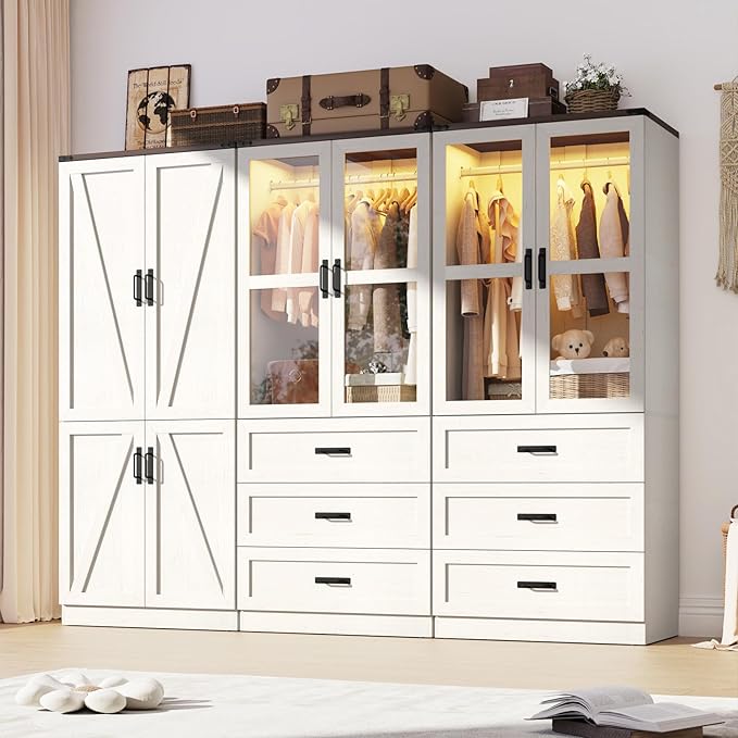 75" Tall Farmhouse 6 Doors Armoire Wardrobe Closet with 3 Drawers and LED,Freestanding Closet Wardrobe Cabinet for Bedroom with Hanging Rod,Wooden Armoire Storage Cabinet(Rustic Off White 6 Doors 2)
