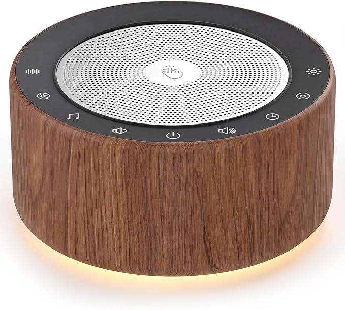 Kipcush White Noise Machine - Soft Non-Glare Nursery Lamp, 30 Soothing Sounds, 8 Color Lights, Max 8-Hour Timer for Baby & Adults (Walnut Wood, Standard)