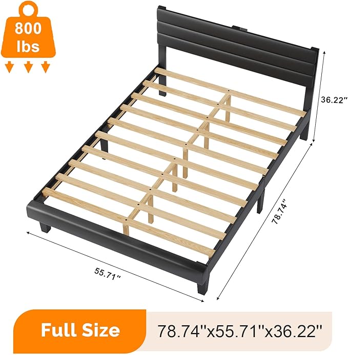 VINGLI Full Faux Leather Bed Frame, Upholstered Platform Bed with Adjustable Headboard, Wood Mattress Foundation with Heavy Duty Slats Support,Luxury Modern,No Box Spring Needed, Black