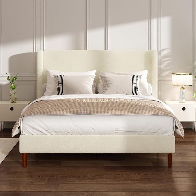 Full Boucle Bed Frame, Platform Bed with Upholstered Wingback Headboard, Strong Wooden Slats Support, Noise-Free, No Box Spring Needed, Easy Assembly, Beige