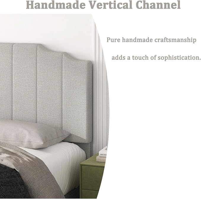 Befurtori Queen Size Headboard Only, Linen Wall Mounted Headboard Queen/Full Size for Adjustable Bed, Modern Vertical Channel Design with Curved Tufted Upholstered Head Board, Linen Gray