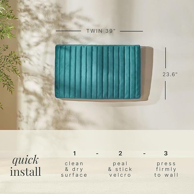 Hearth & Harbor Twin Headboard Only, Floating Wall Mounted Headboard Twin Size, Easy Assemble Upholstered Peel and Stick Headboards, 3D Soundproof Bed Wall Panels, Velvet Stick on Headboards, Teal