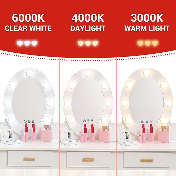 GarveeHome Kids' Vanity Set with Mirror and Light, Makeup Table and Stool for Girls, Vanity Table and Chair Set with Wood Makeup Playset for 4-9 Girls, White (Batteries Not Included)