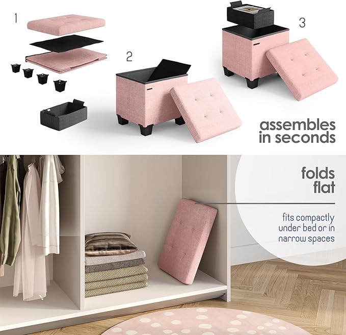 Storage Ottoman Cube with Small Bin, 15-in Square Ottoman with Storage for Living Room and Bedroom, Small Ottomans Foot Rest, Fabric Foot Stools Ottomans Max 330lbs, Pink