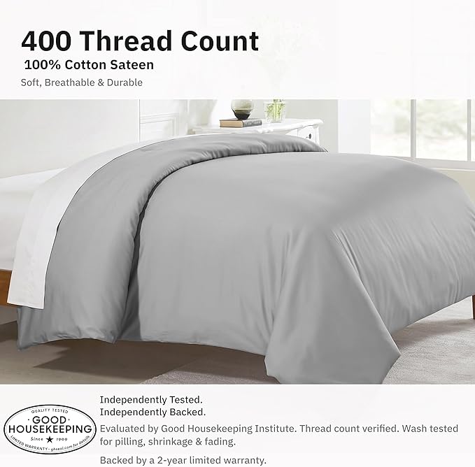 Twin XL/Twin Duvet Covers Only - Premium 400 Thread Count, Natural 100% Cotton Twin Comforter Cover, Soft Sateen Weave, Button Closure and Corner Ties - Light Grey