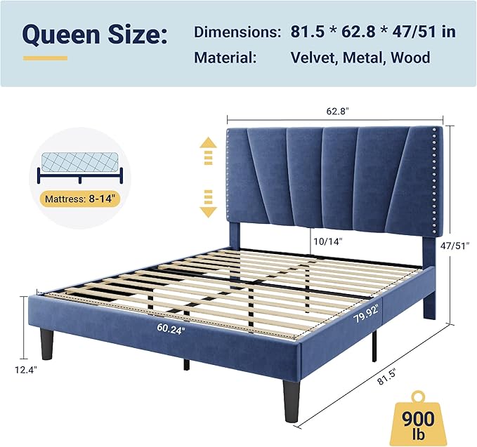 Allewie Queen Size Bed Frame with Adjustable Velvet Upholstered Headboard, Rivet-Style Nailhead Trim Detail Platform Bed Frame, Wooden Slat Support, No Box Spring Needed, Easy Assembly, Blue