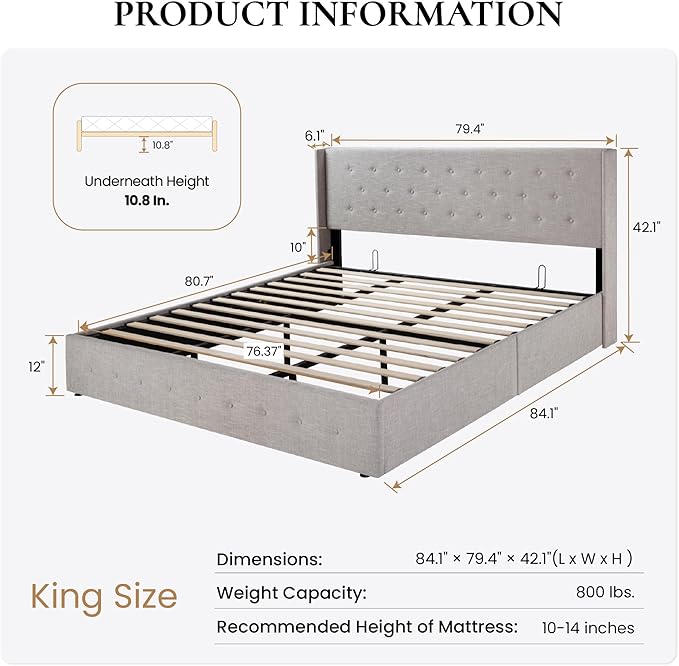 SHA CERLIN King Size Lift Up Storage Bed Frame,Button Tufted Wingback Headboard,Upholstered Platform,Hydraulic Storage,Wooden Slat Support,No Box Spring,Light Beige