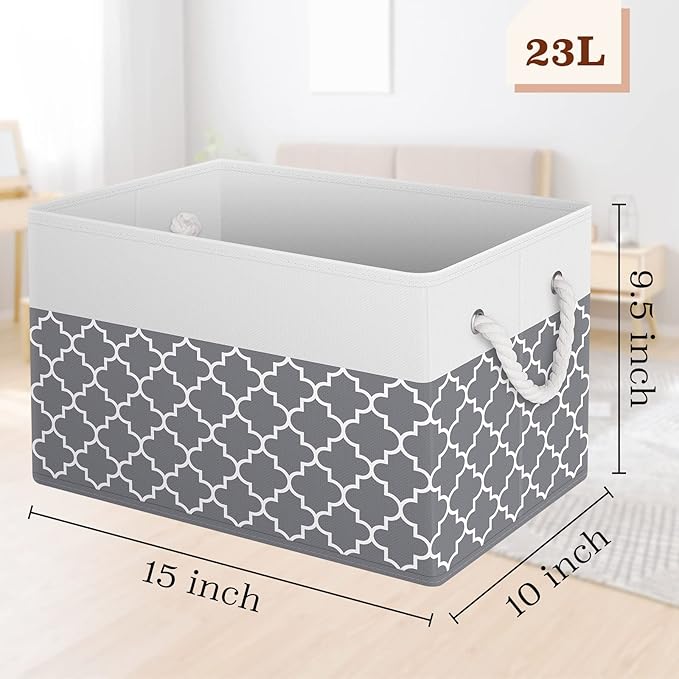 Fab totes Storage Bins 6-Pack, Foldable Storage Baskets for Organizing Toys, Books, Shelves, Closet, Large Storage Box with Rope Handles, Sturdy Organizer Bins,Clover Grey