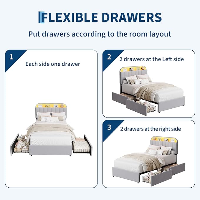 Garvee Twin XL Size Bed Frame with 2 Flexible Drawers, Velvet Upholstered Platform Bed Frame with Bookcase Headboard and LED Lights, Kids Bed for Girls, Easy Assembly, Noise Free, Grey
