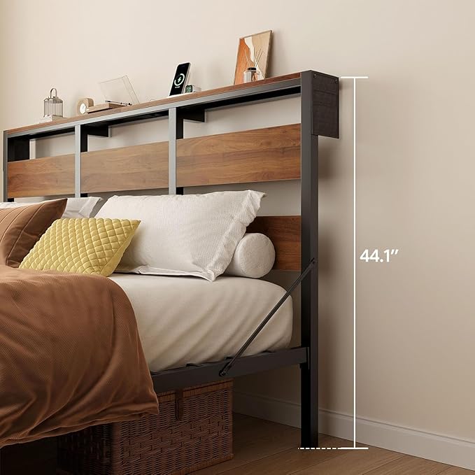 Bestier King Size Bed Frame with Headboard and Charging Station,Platform King Bed Frame with LED Light, Non-Slip Metal Bed Frame, Noise-Free, Easy Assembly,Walnut