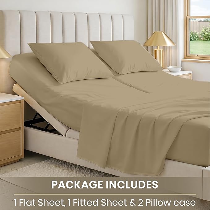 SGI bedding 32" King Split Top Flex Head Sheet 100% Egyptian Cotton Sheet Set 1000 Thread Count Flex Top Sheet for Adjustable Bed 4Pc Sheet Set 15" Deep Pocket for Sleep Number Bed- Beige