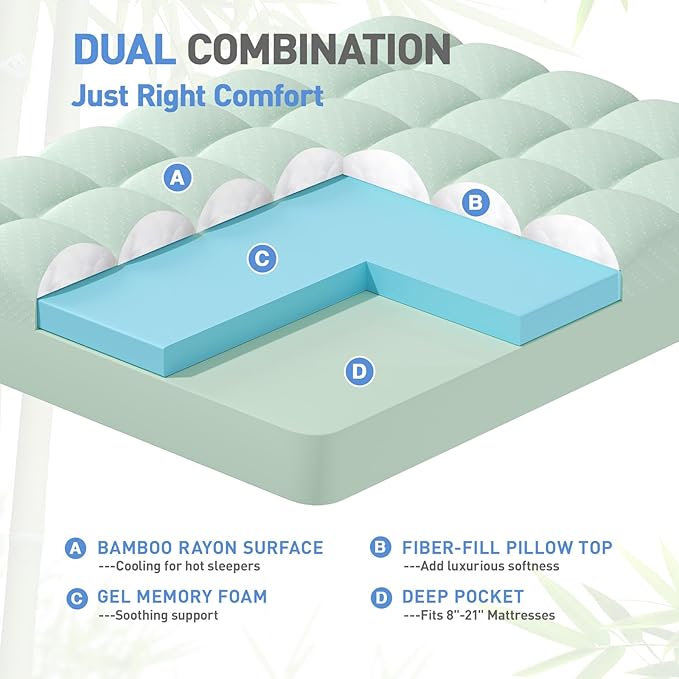 Dual Layer 3 Inch Memory Foam Mattress Topper King Size, 2 Inch Gel Memory Foam Plus 1 Inch Cooling Pillow Top Mattress Pad Cover, with 8-21 Inch Deep Pocket, Green