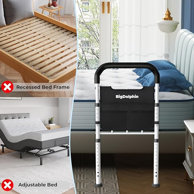 Bed Rails for Elderly Adults Safety - ASTM Approved Adjustable Bed Cane with Non-Slip Ergonomic Handle & Storage Pocket, 400 LBS Stable Bed Assist Rails for Seniors, Tool-Free, Model