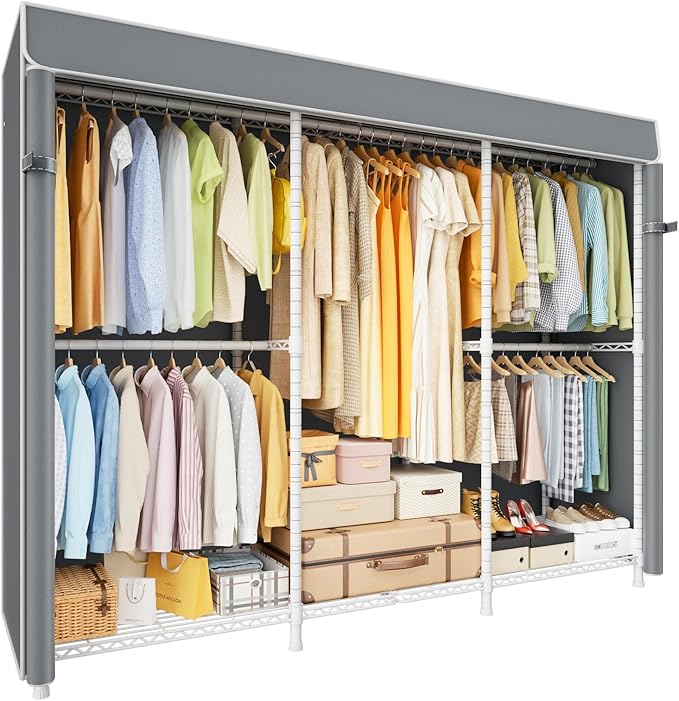 ULIFHOME E14C Pro Heavy Duty Closet Organizer System，Freestanding Clothing Racks for Hanging Clothes，Adjustable Garment Rack 70.1"W × 16.6"D × 76.4"H Hold 960 lbs，White Rack with Grey Dustproof Cover