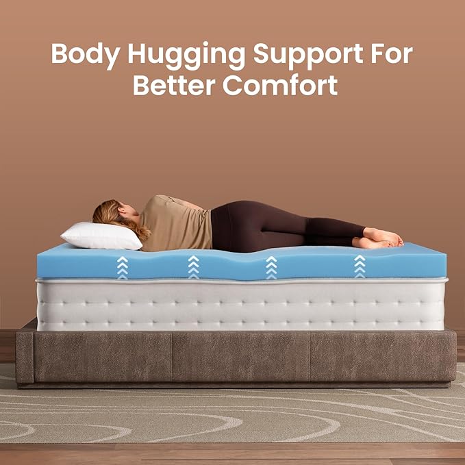 OhGeni3 Inch Cooling Queen Size Gel Memory Foam Mattress Topper Pad,Soft Bed Cover with Anti-Slip Base &Zipper,Fits 6"-19" Mattresses with Straps,Extra Comfort for Sleep&Back Pain Relief