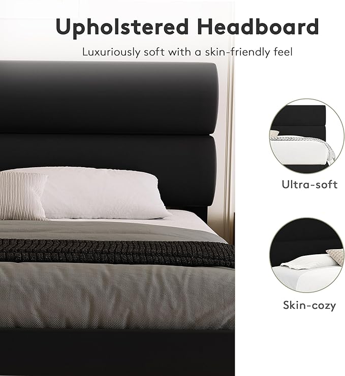 GRUSIGN Full Size Platform Bed Frame with Velvet Headboard, Adjustable Height Wooden Slats Support, Upholstered Mattress Foundation, Fits Mattress or Mattress with Box Spring, Easy Assembly, Black